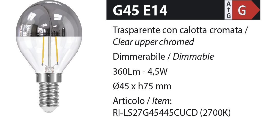 ZERODUE Industrial - G45 E14 Trasparente con calotta cromata - Dimmerabile