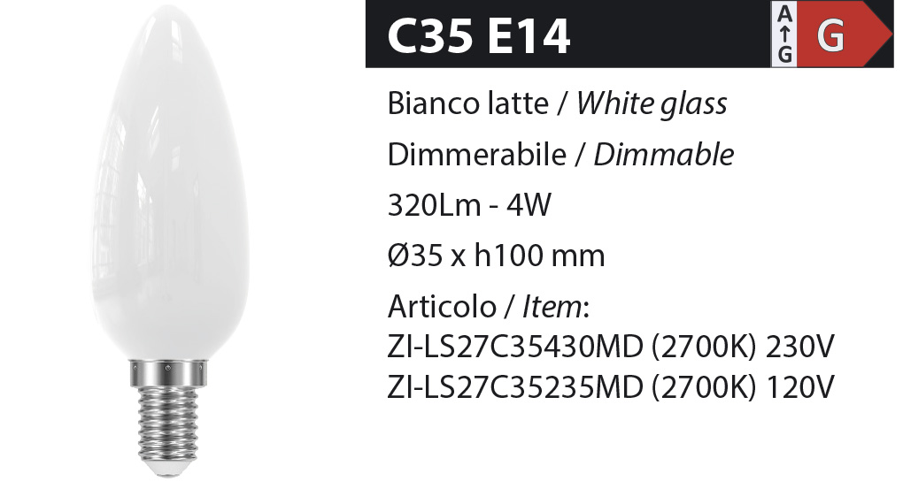 ZERODUE Industrial - C35 E14 Bianco latte - Dimmerabile